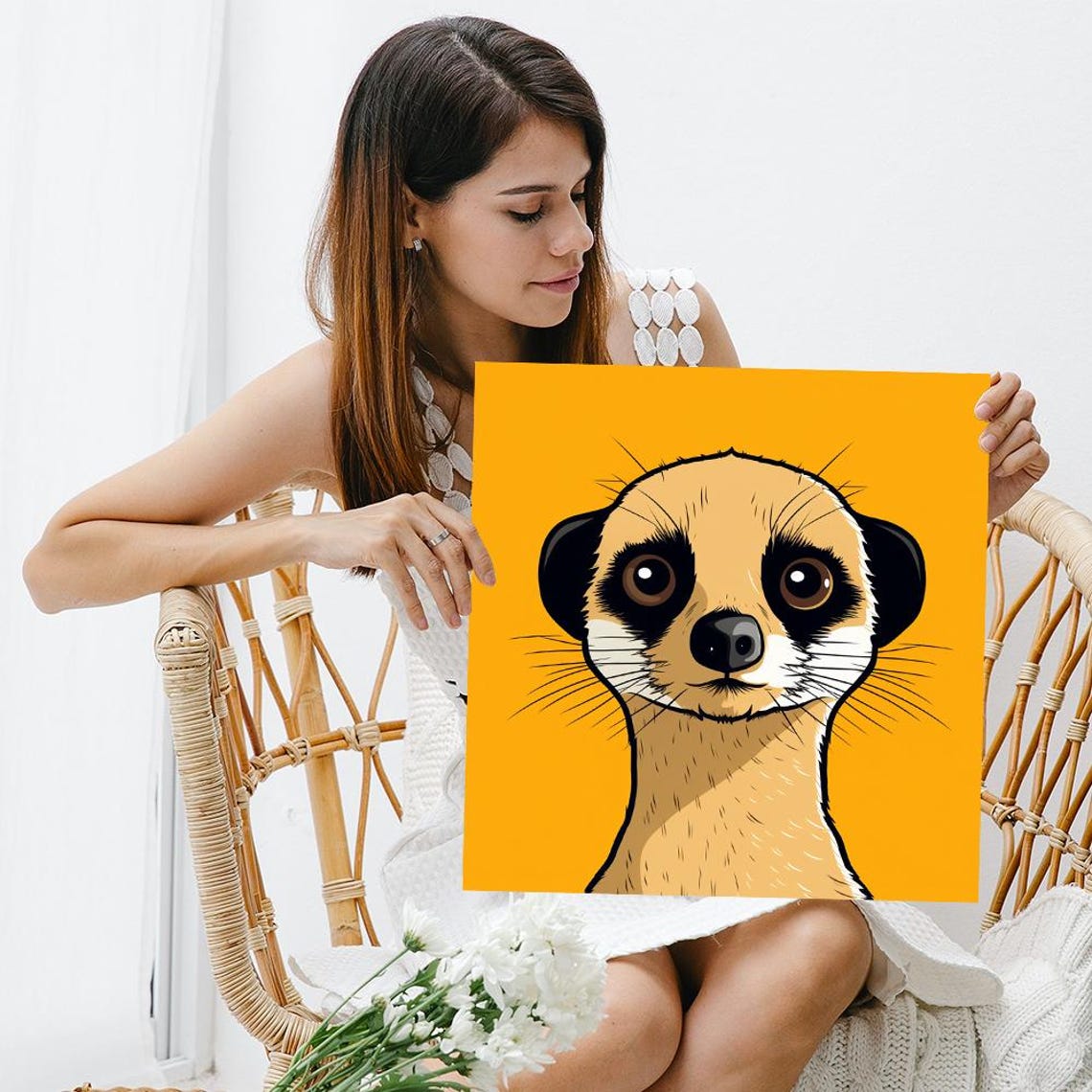 Curious Meerkat Face Close Up Pop Art Portrait Yellow Poster - Image 3