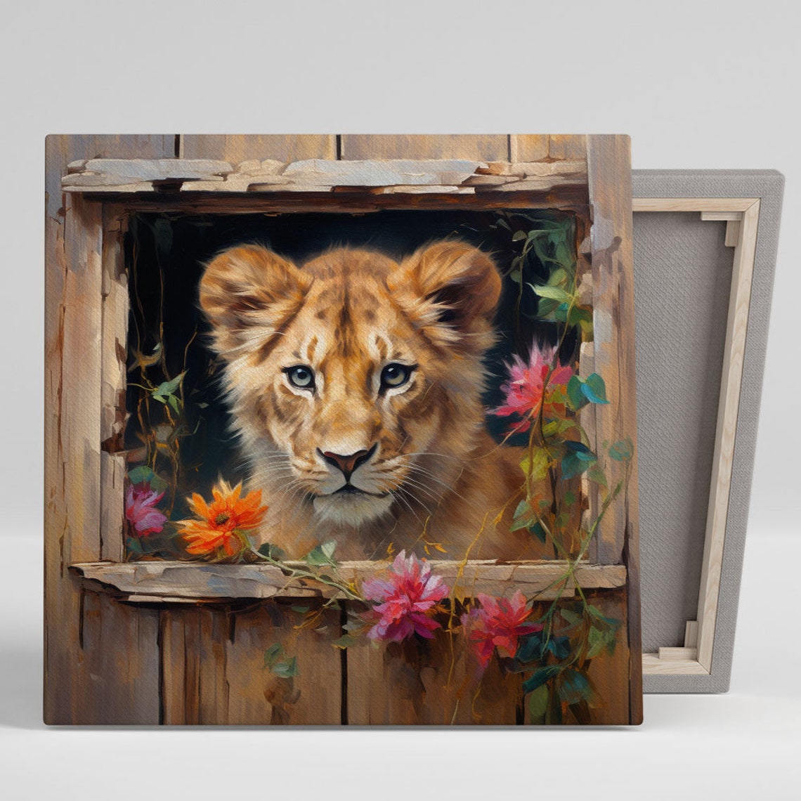 Baby Lion Cub Peeking From Window Cute Floral Nursery Canvas Poster