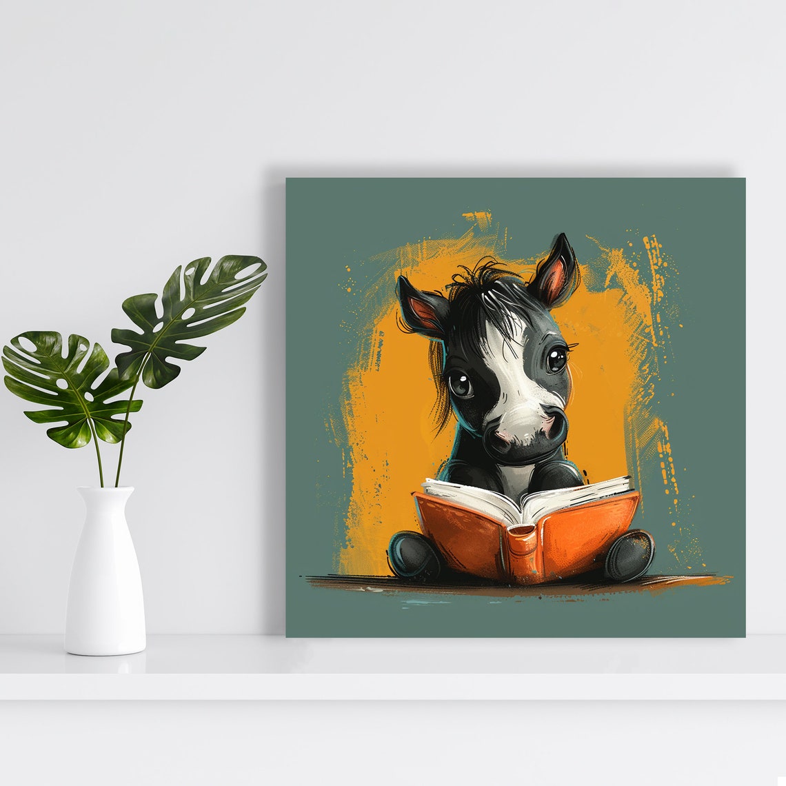 Whimsical Pony Reading Book Orange Splash Kids Nursery Wall Poster - Image 2