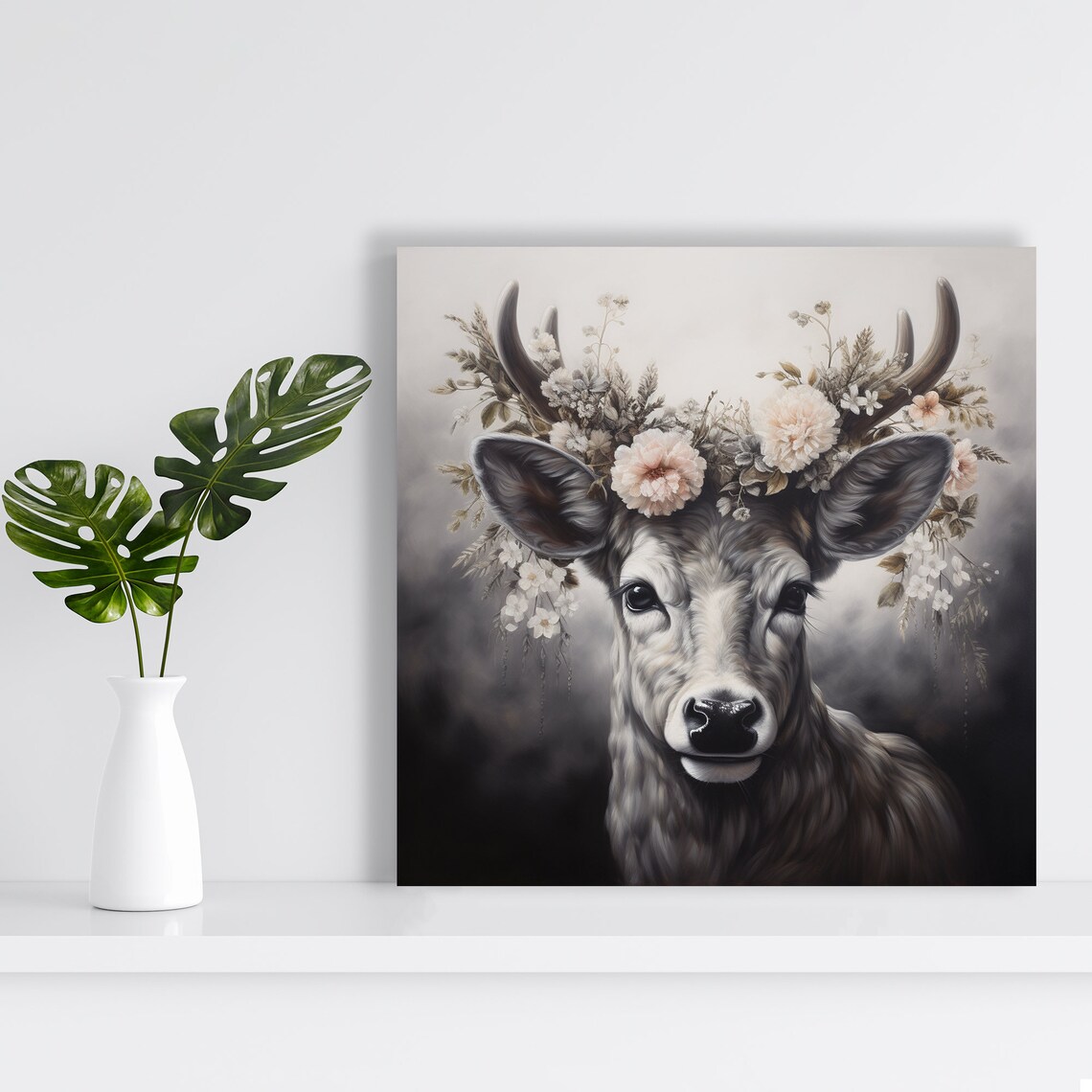 Deer With Antlers And Floral Crown White Pink Blooms Moody Nature Poster - Image 2