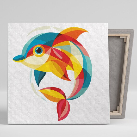 Dolphin Delight Art Or Poster Abstract Pop Animal Decor Living Room Nursery Office Wall Art Blue Red Yellow Orange Modern Print