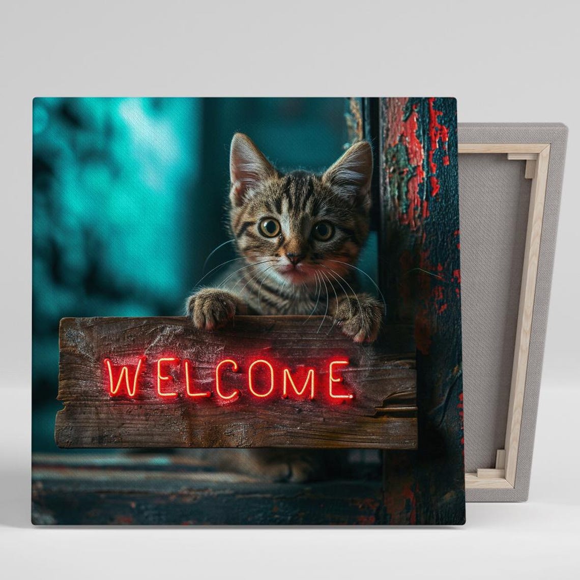 Kitten Holding Neon Welcome Sign Rustic Teal Entryway Warm Wall Poster