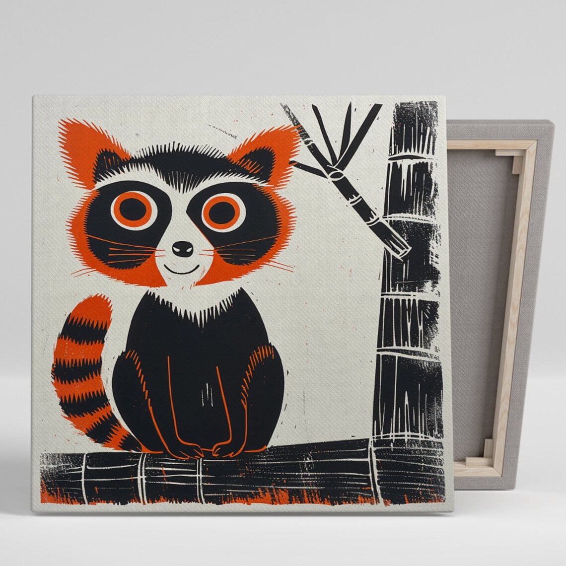 Retro Raccoon Pop Art Bamboo Woodcut Style Whimsical Animal Poster