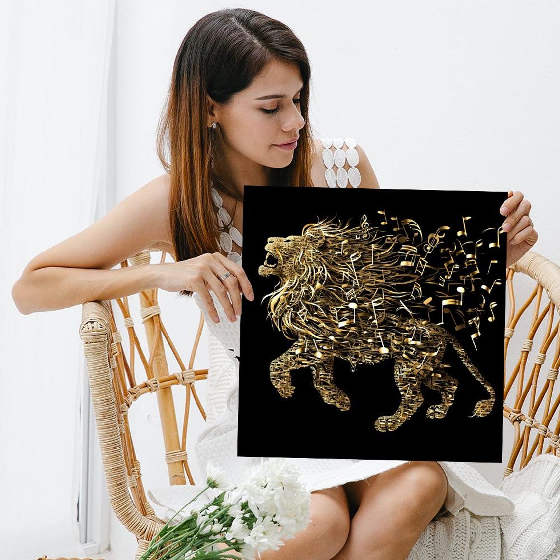 Golden Lion Music Notes Abstract Black Gold Musical Animal Art Poster - Image 3