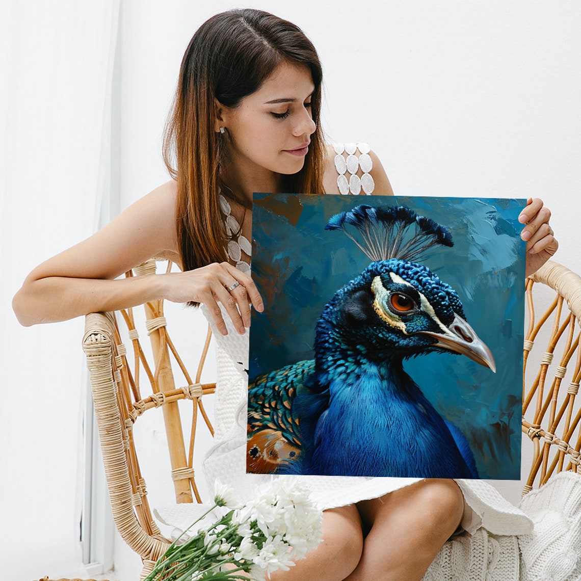 Peacock Close Up Portrait Vivid Blue Painterly Wall Art Poster - Image 3