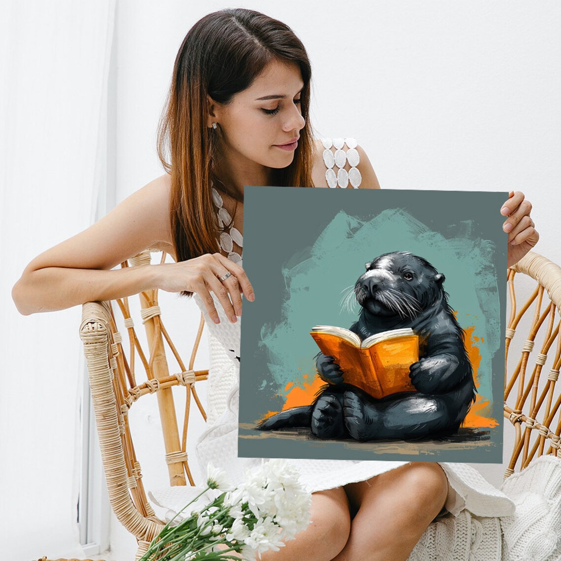 Whimsical Otter Reading Book Orange Teal Literary Animal Wall Art Poster - Image 3