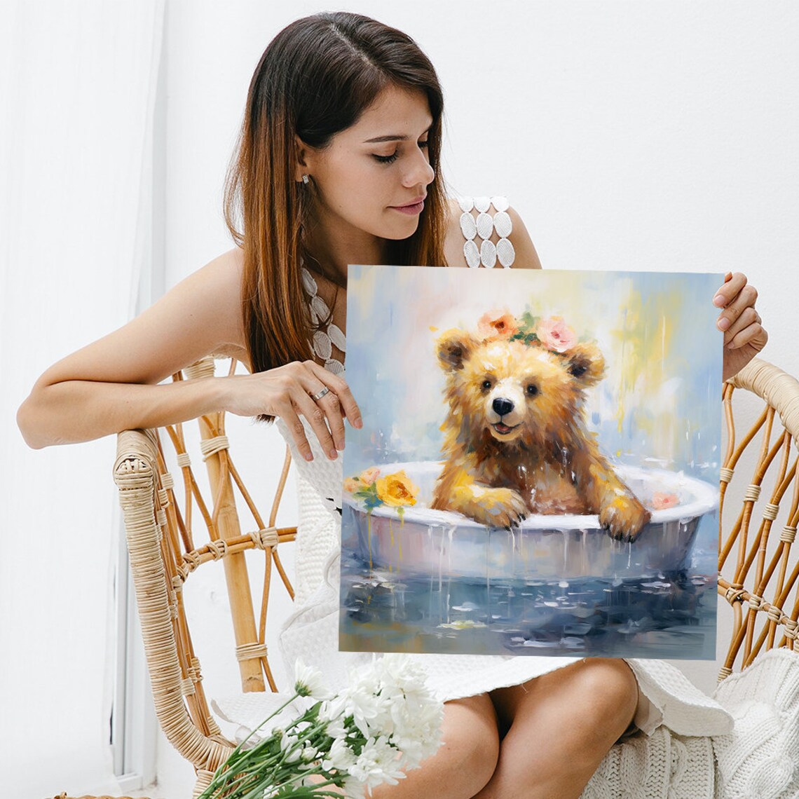 Blooming Bath Bear, Whimsical Rustic Wall Art Print - Image 3
