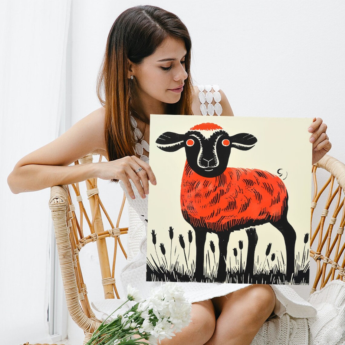 Red Sheep Retro Rustic Contemporary Art Print - Image 3