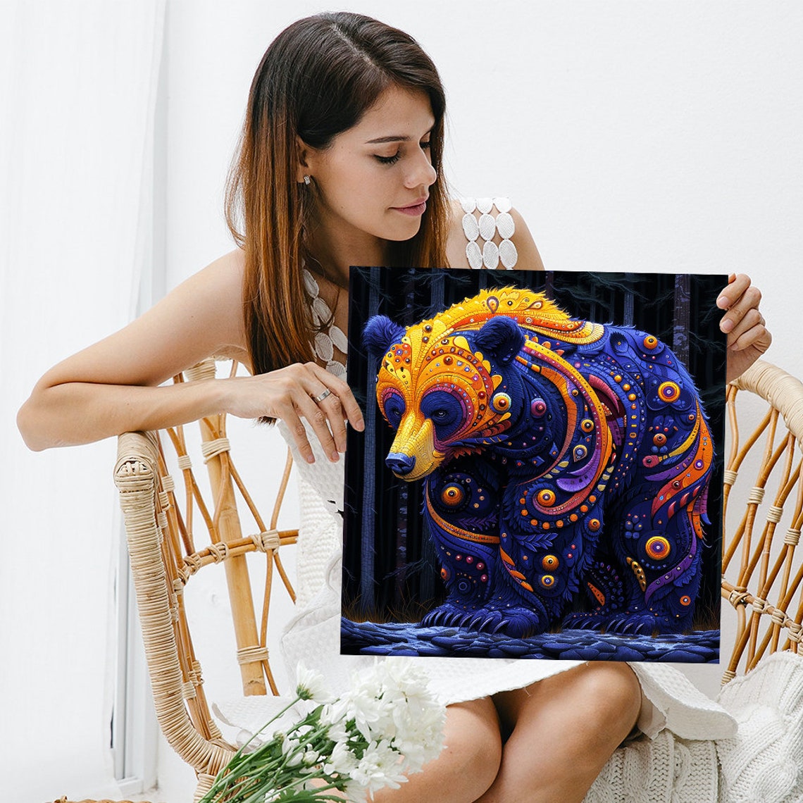 Cosmic Bear Ornate Blue Gold Patterned Night Forest Wall Poster - Image 3