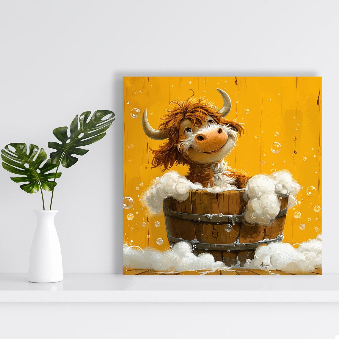 Bubbly Highland Cow Barrel Bath Happy Cute Animal Wall Poster - Image 2