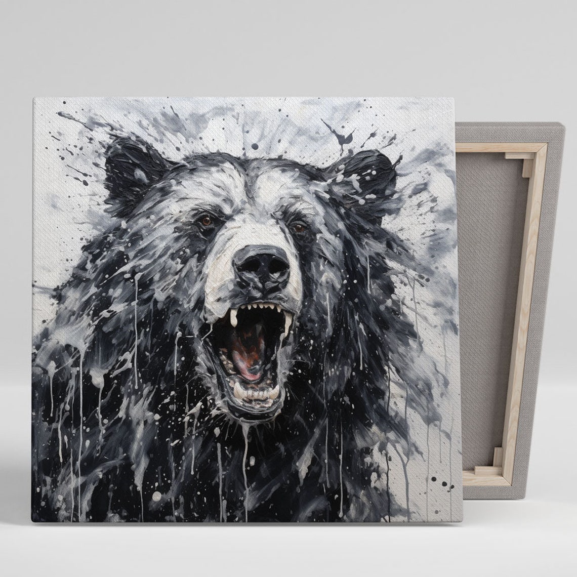 Roaring Black Bear Splash Paint Monochrome Wildlife Wall Art Poster