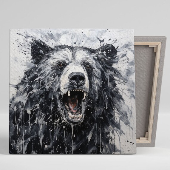 Roaring Black Bear Splash Paint Monochrome Wildlife Wall Art Poster