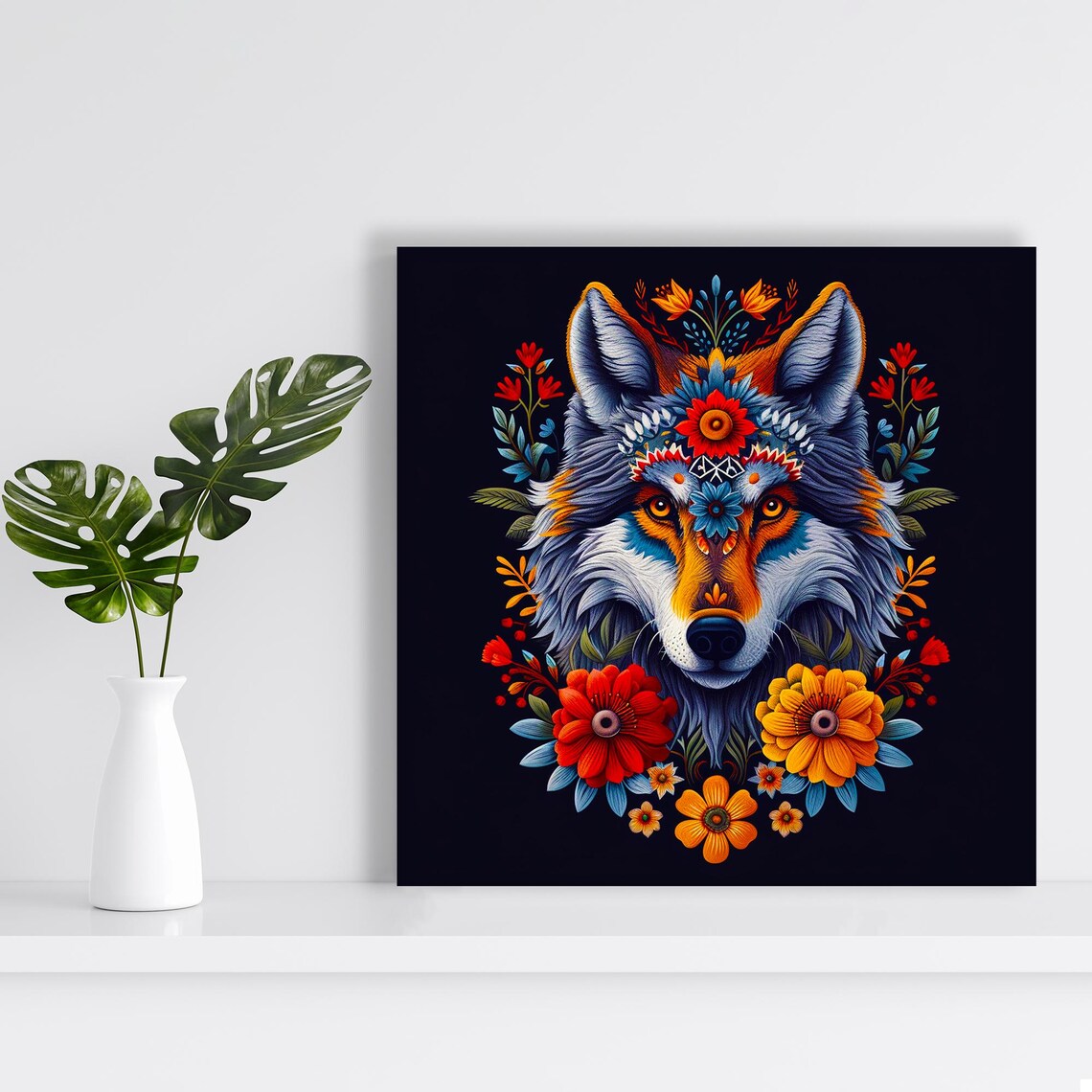 Wolf Spirit Floral Portrait Colorful Botanical Dark Background Poster - Image 2
