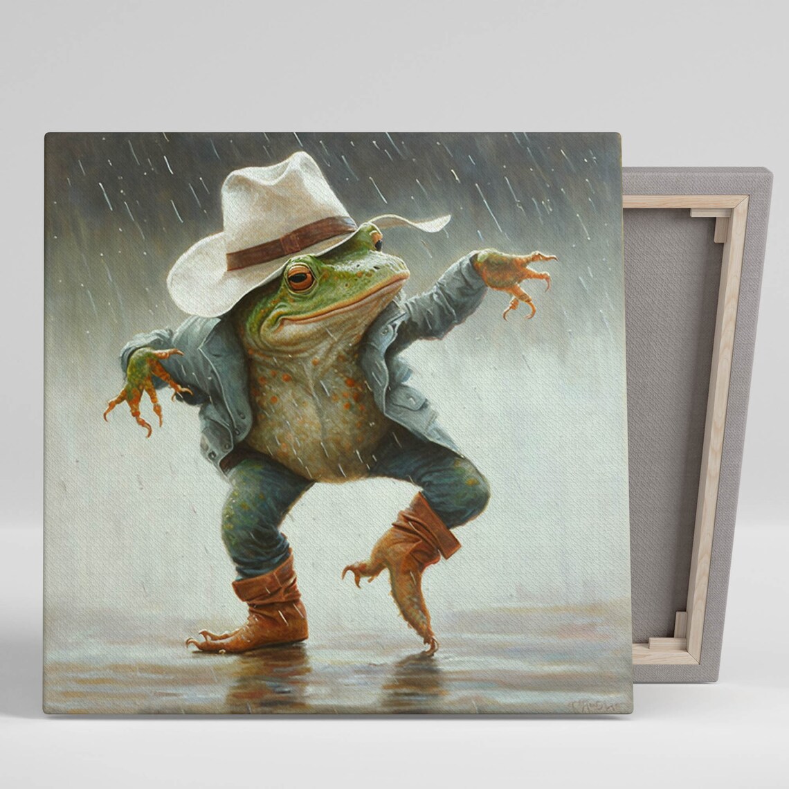 Frog Dancing In Rain Art Print, Unique Animal Decor