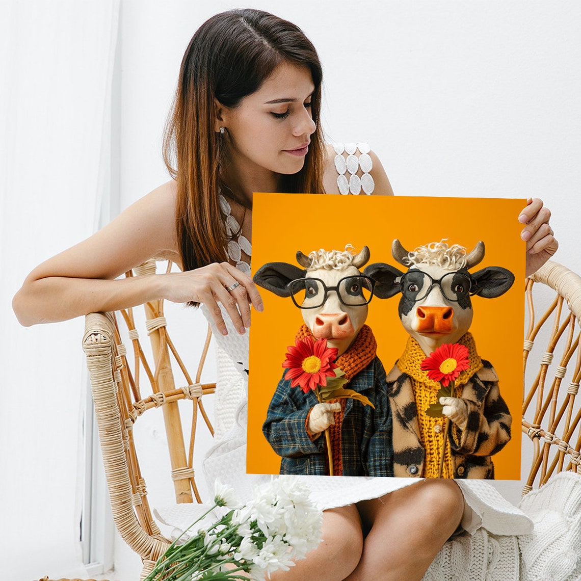 Quirky Cow Couple In Glasses Holding Red Flowers Orange Fall Poster - Image 3
