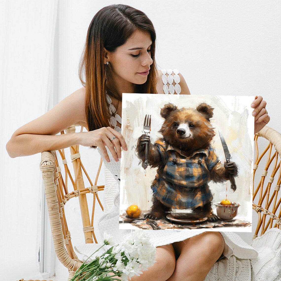 Cute Bear Cub Chef In Plaid Apron Holding Fork Knife Rustic Kitchen Poster - Image 3