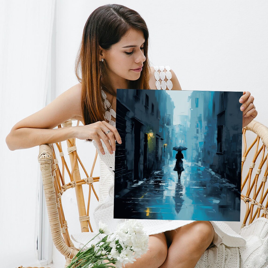 Rainy Night Alley Umbrella Woman Blue Moody Street Painting Poster - Image 5