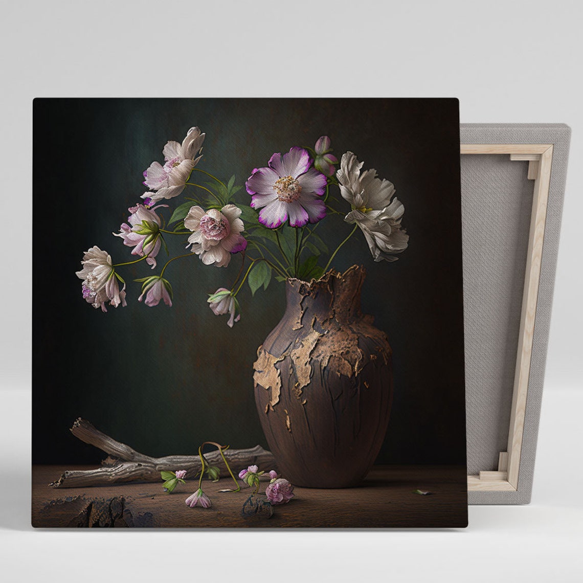 White Anemone Flowers Dark Rustic Vase Moody Floral Still Life Poster