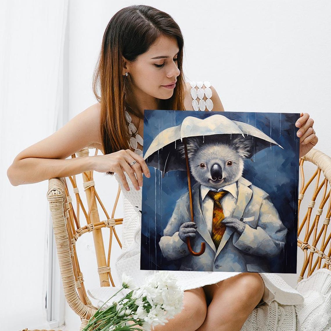 Dapper Koala In White Suit Holding Umbrella Rainy Night Blue Poster - Image 3