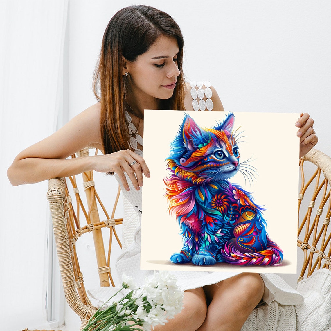 Psychedelic Rainbow Kitten Floral Fantasy Cat Portrait Wall Poster - Image 3