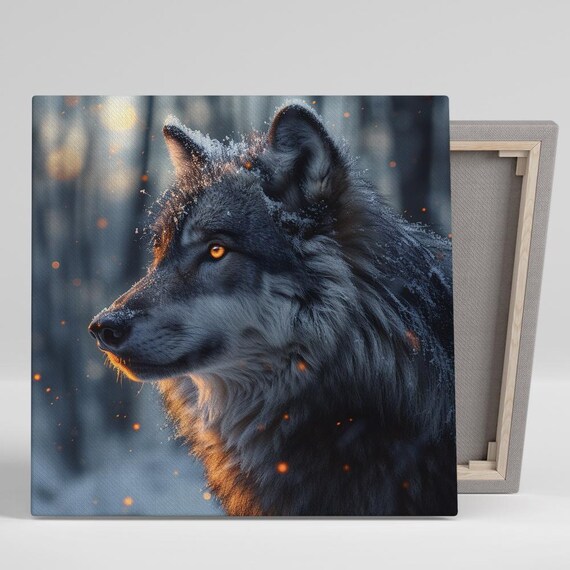 Black Wolf Snowy Forest Ember Glow Dramatic Wildlife Portrait Art Poster