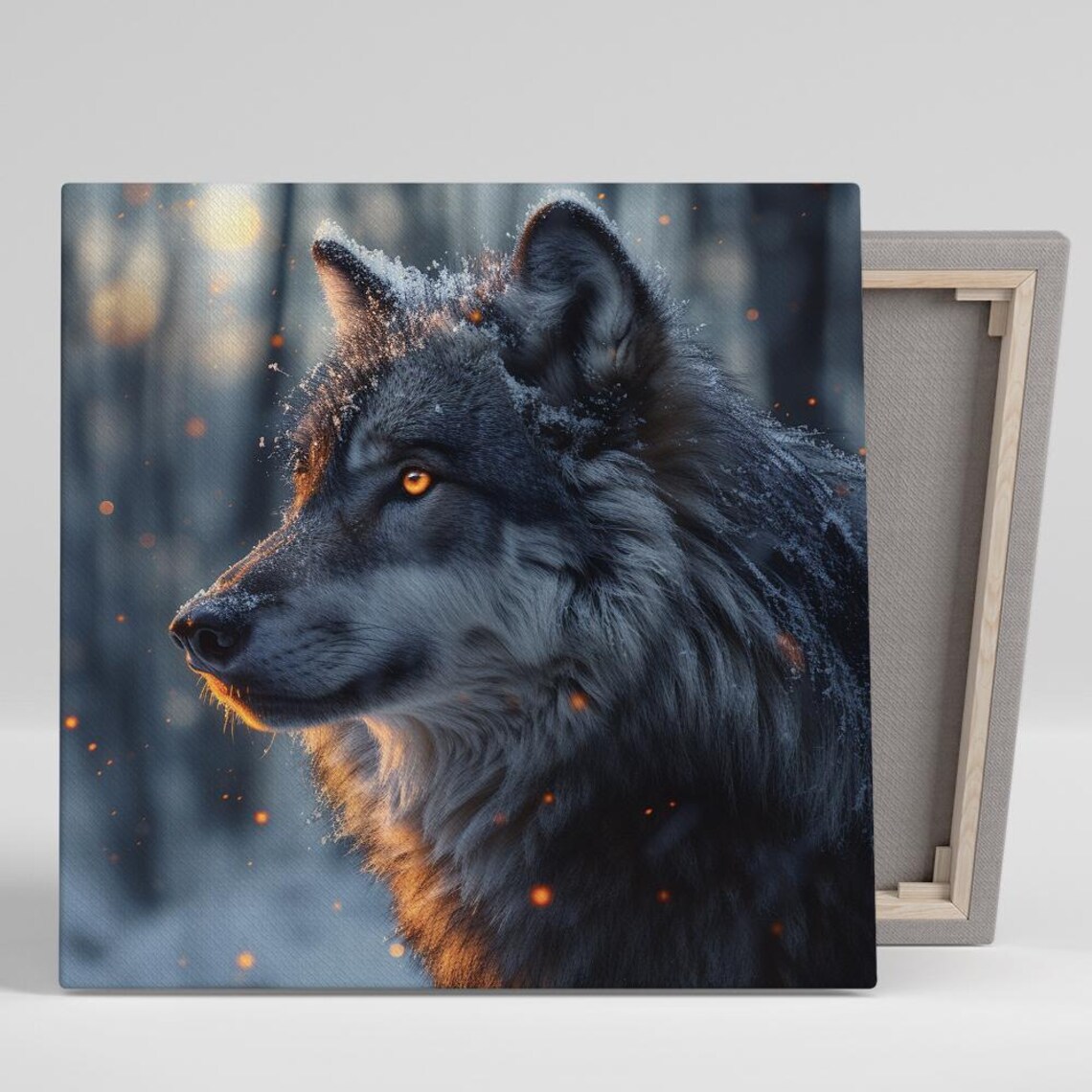 Black Wolf Snowy Forest Ember Glow Dramatic Wildlife Portrait Art Poster