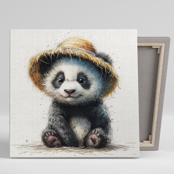 Cute Baby Panda Wearing Straw Hat Watercolor Nursery Animal Poster