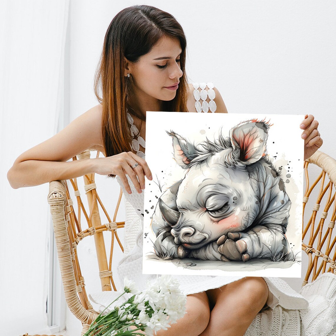 Sleepy Baby Rhino Watercolor Sketch Peaceful Nursery Animal Wall Poster - Image 3
