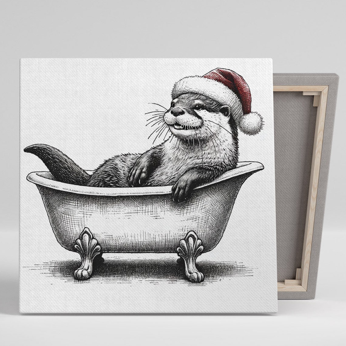 Christmas Otter In Santa Hat Vintage Bathtub Sketch Wall Art Poster