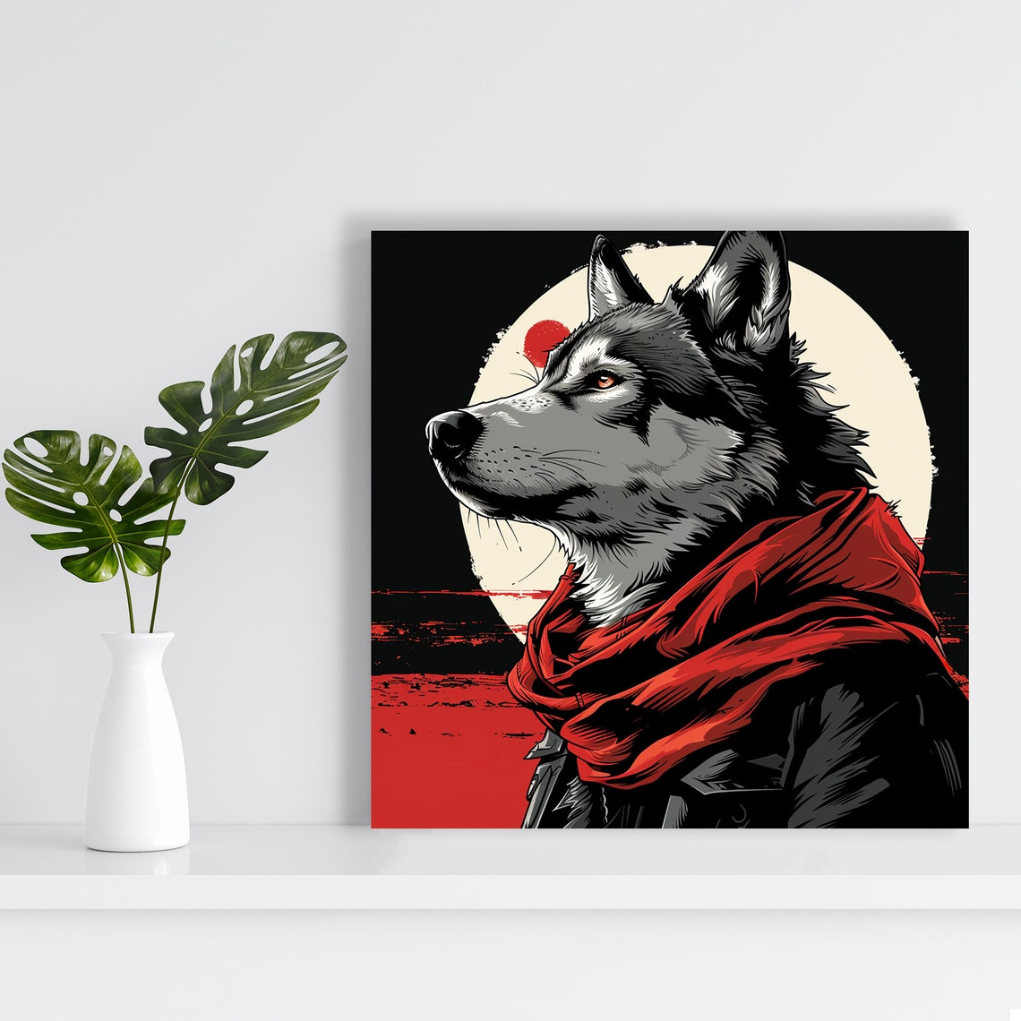 Wolf Red Scarf Full Moon Graphic Art Black Red Dramatic Wall Poster - Image 2