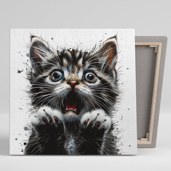 Startled Kitten Big Blue Eyes Watercolor Splash Cute Surprised Wall Poster