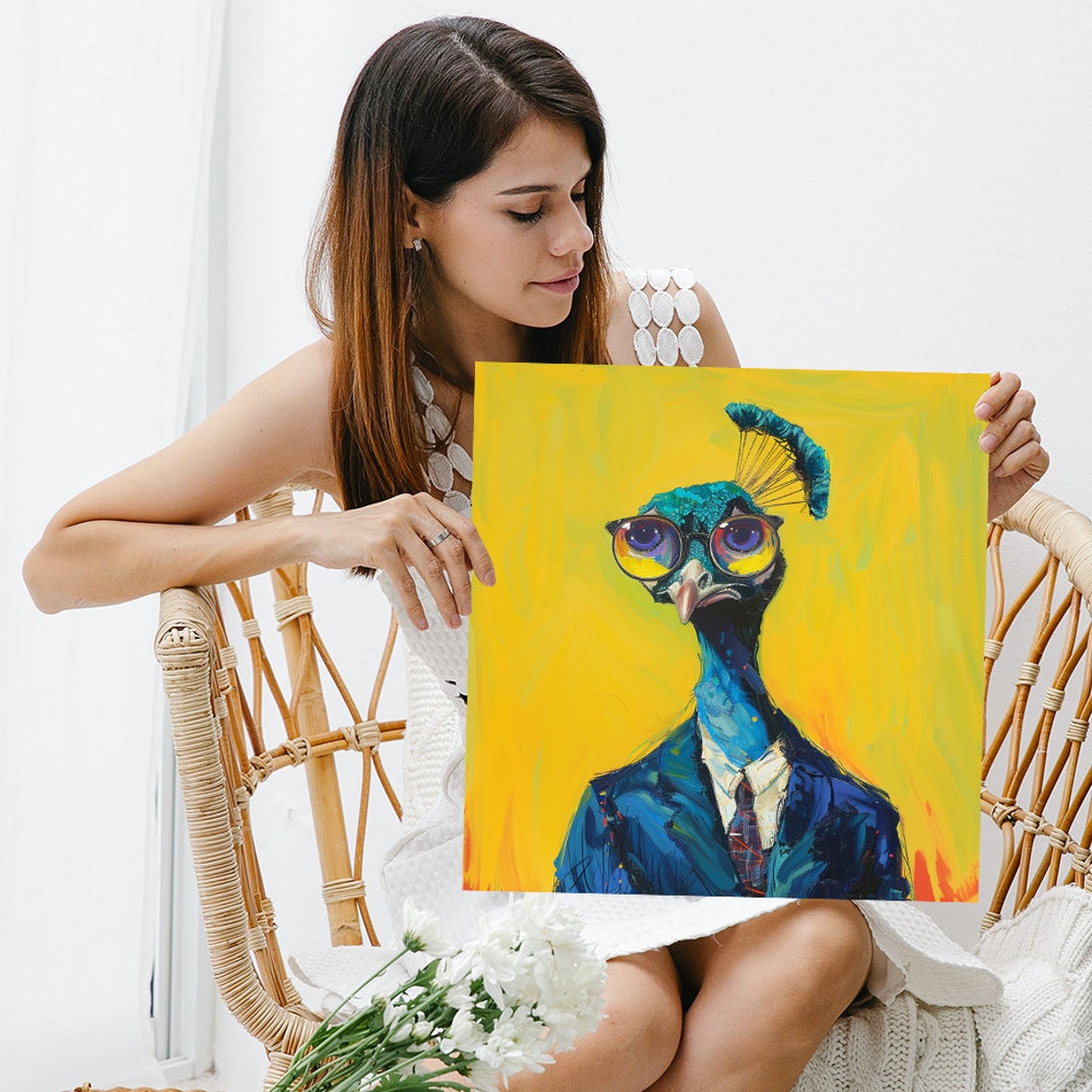 Dapper Peacock Suit Glasses Executive Portrait Mustard Wall Poster - Image 3
