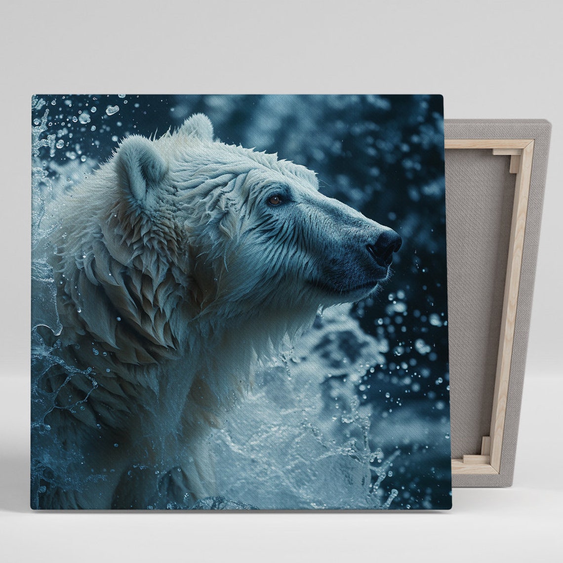 Polar Bear Emerging Ocean Waves Dark Blue Wildlife Photography Poster