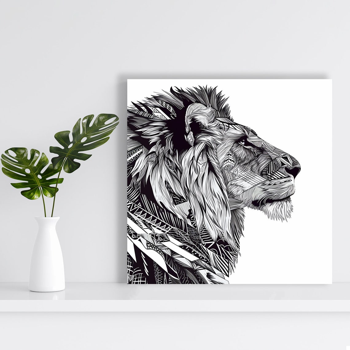 Black White Geometric Line Art Lion Head Profile Wildlife Wall Poster - Image 2