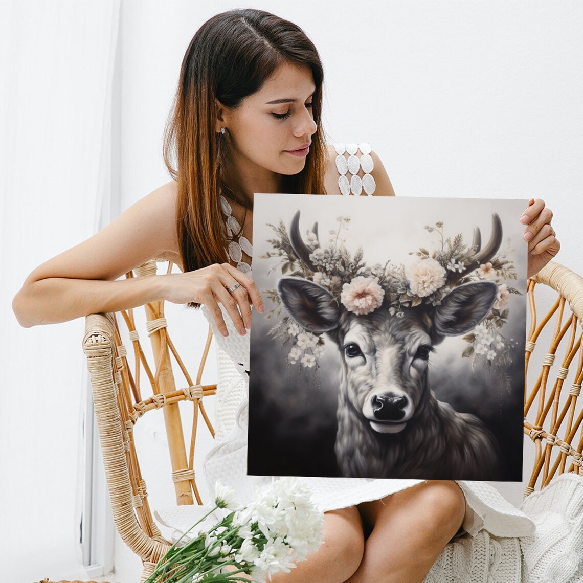 Deer With Antlers And Floral Crown White Pink Blooms Moody Nature Poster - Image 3