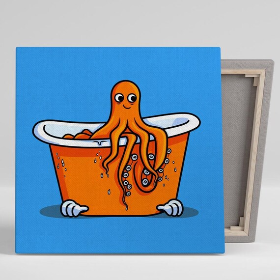 Octopus Art Or Poster Whimsical Animal Decor Bathroom Childrens Room Office Game Room Wall Art Orange Blue White Animal Decor