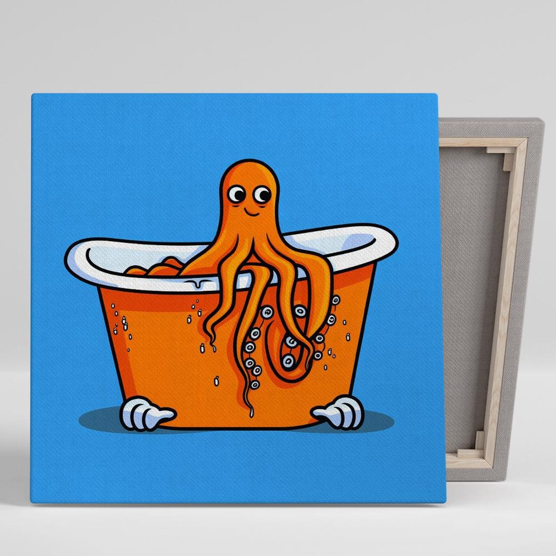 Cute Octopus In Orange Bathtub Funny Cartoon Style Blue Poster