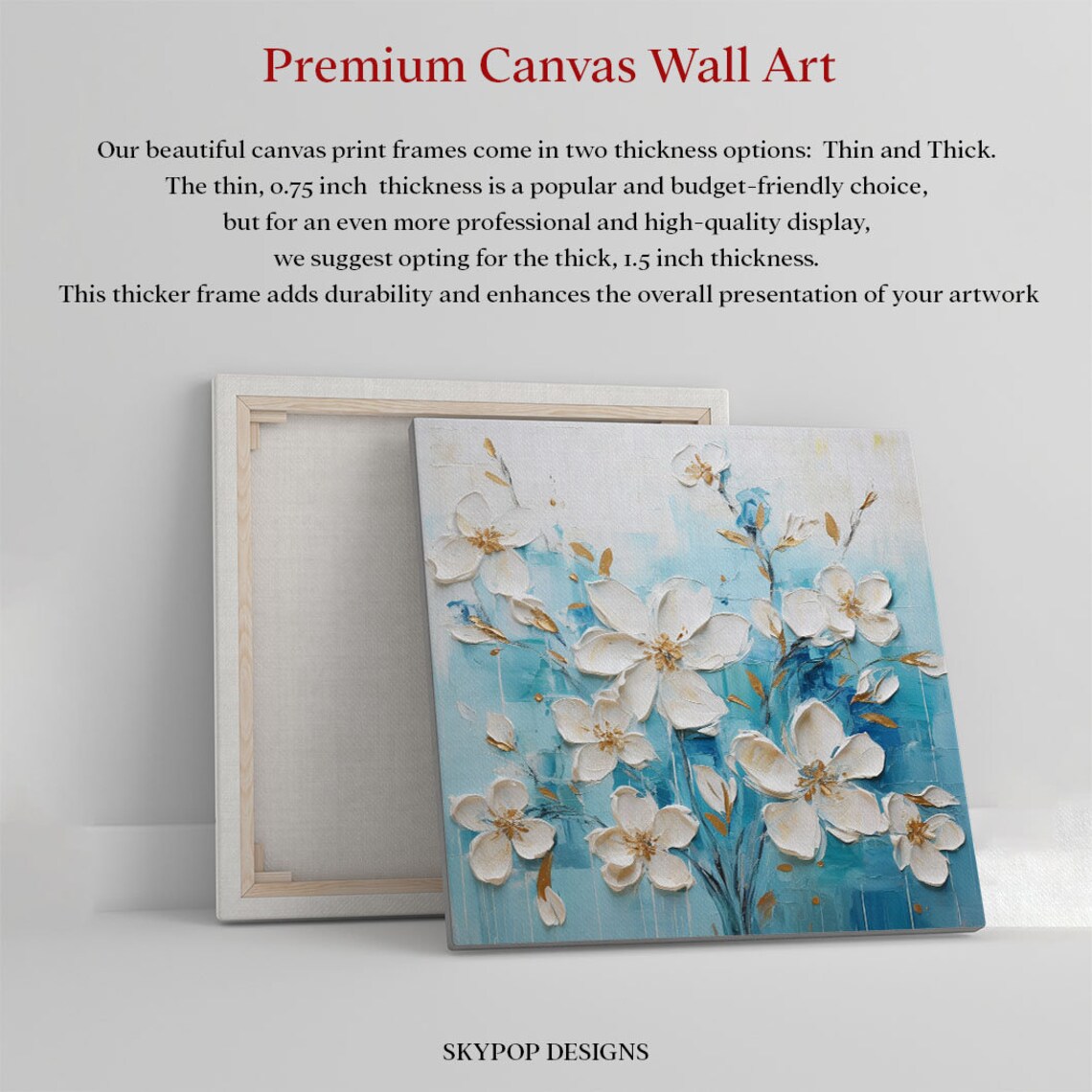 White Blossom Flowers Aqua Background Textured Impasto Floral Poster - Image 3