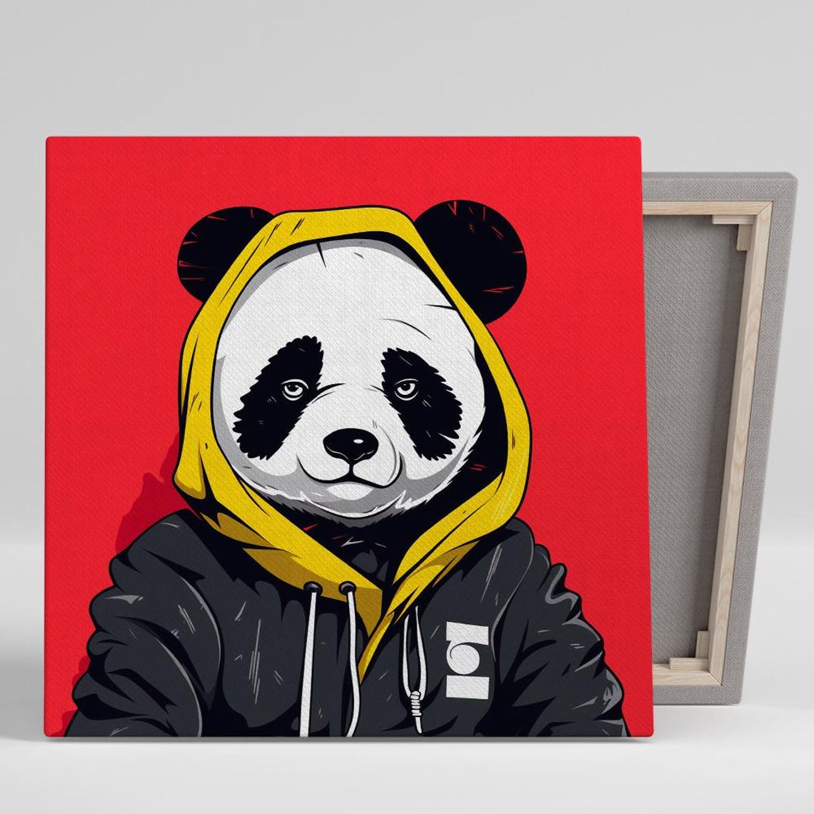 Street Style Panda In Black Hoodie Yellow Hood On Red Poster