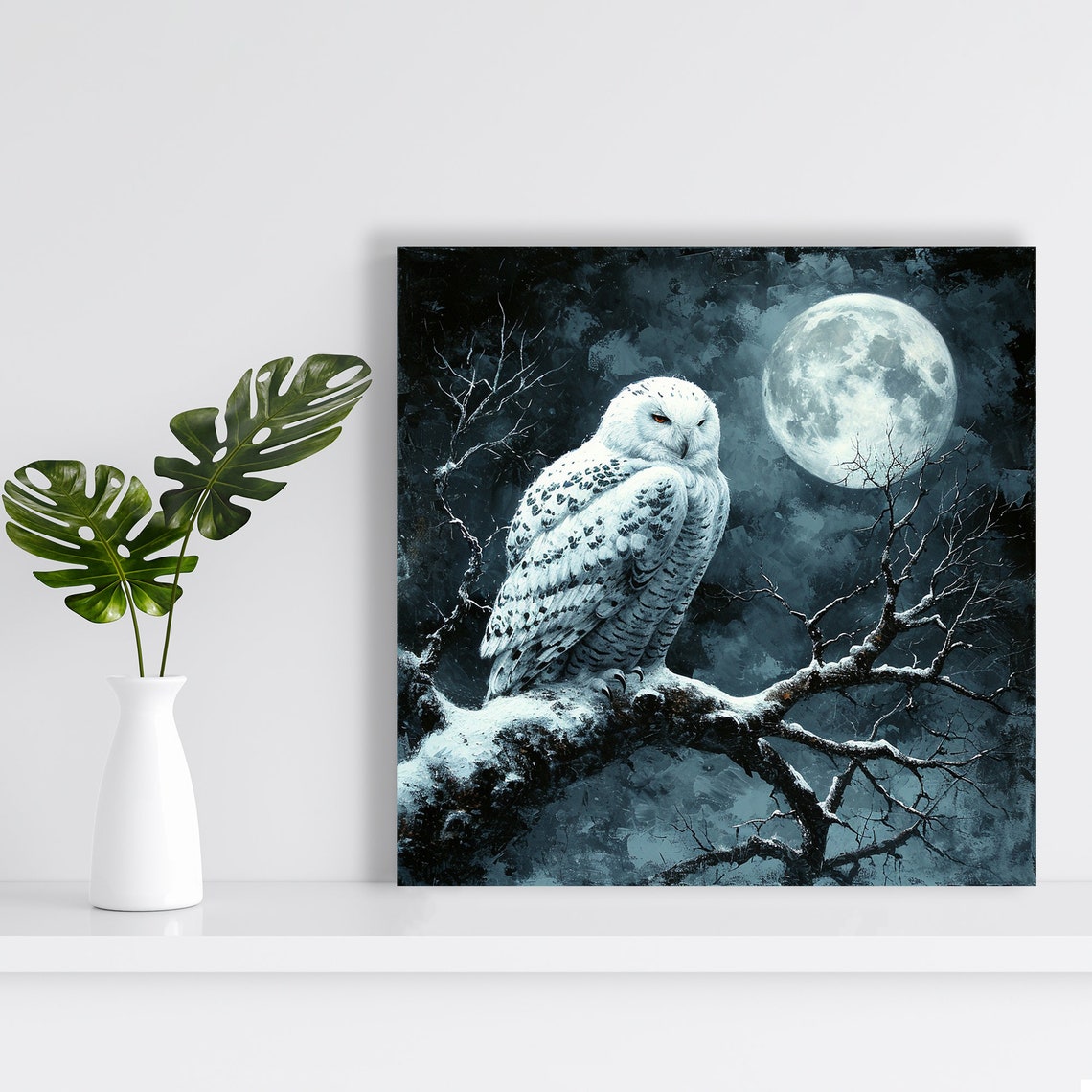 Snowy Owl Moonlit Winter Night Perched Branch Moody Nature Poster - Image 2