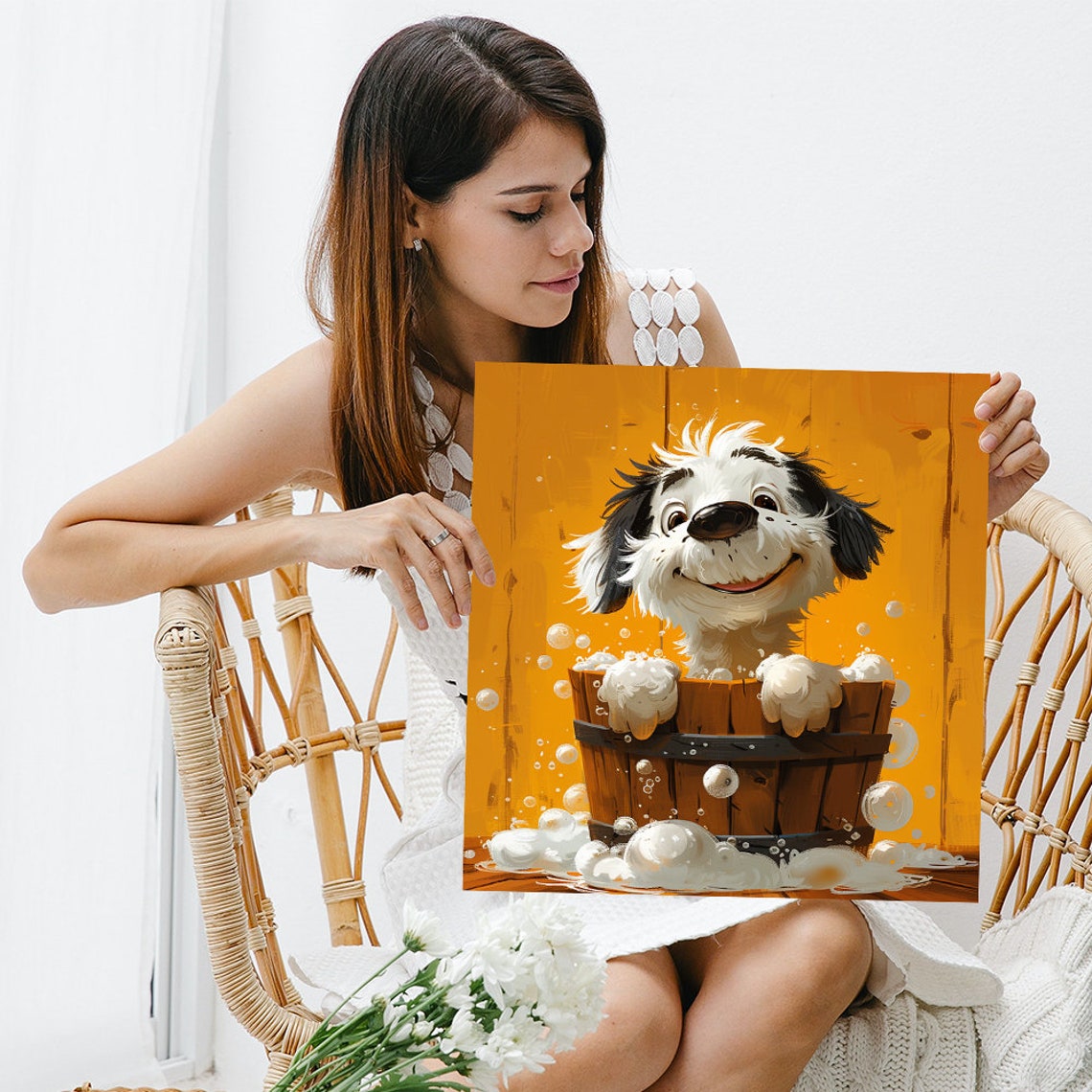 Smiling Puppy Bubble Bath Wooden Barrel Cheerful Bathroom Poster - Image 3