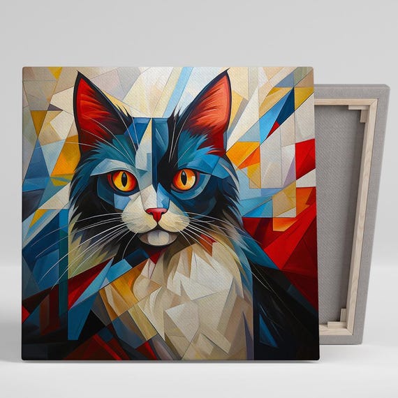 Cat Geometric Fusion Art Or Poster Abstract Contemporary Decor Living Room Office Bedroom Childrens Room Wall Art Blue Red White