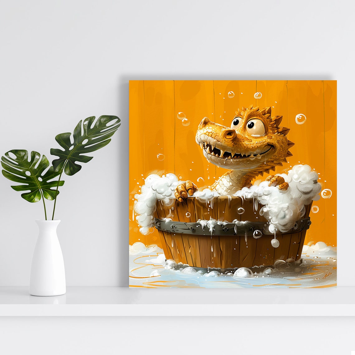 Baby Dragon Bubble Bath Wooden Tub Orange Cute Whimsical Art Poster - Image 2
