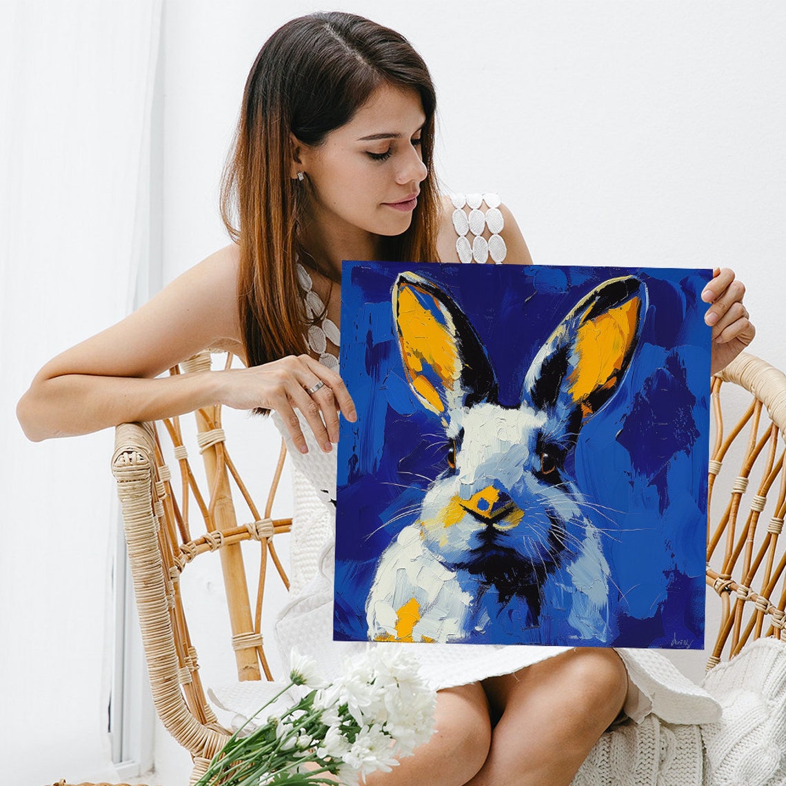 White Rabbit Impasto Oil Paint Portrait Bold Blue Yellow Art Poster - Image 3