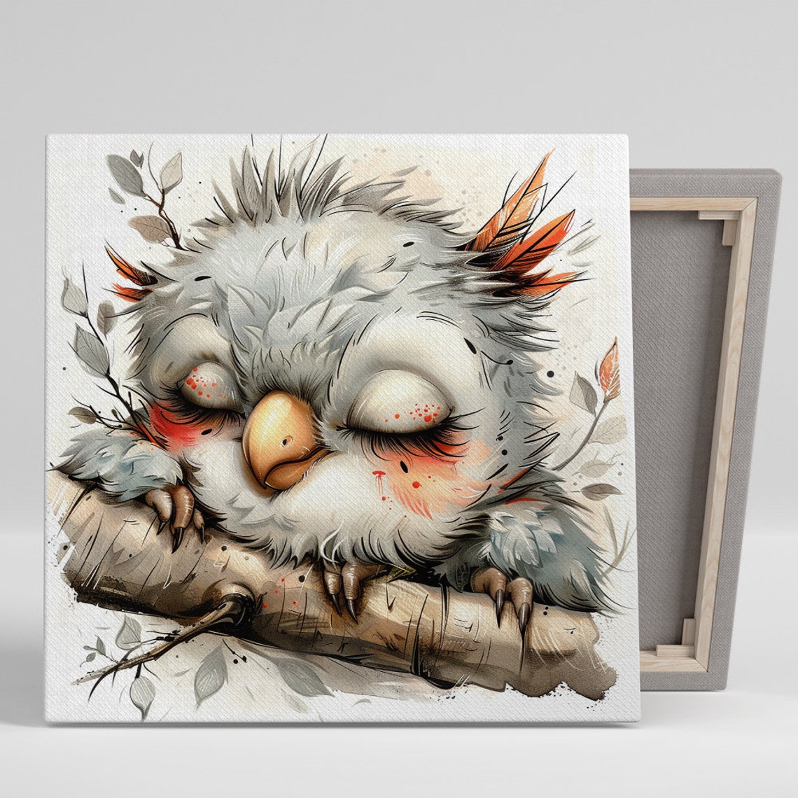 Sleepy Baby Owl On Branch Soft Watercolor Nursery Wall Poster