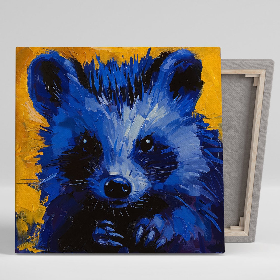 Electric Blue Raccoon Bold Yellow Backdrop Vibrant Pop Art Poster