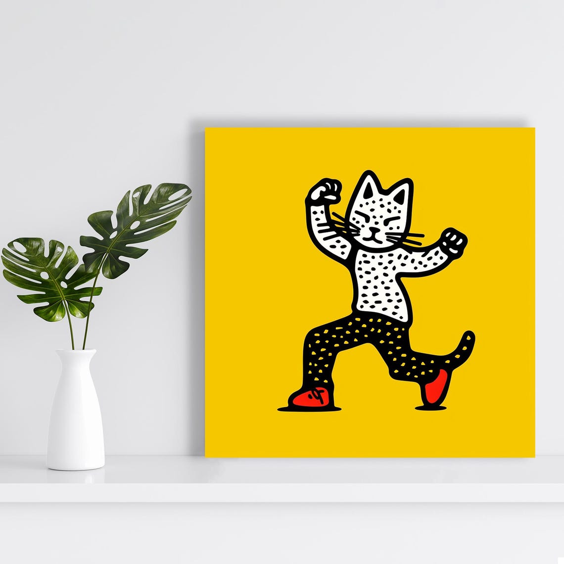 Dancing Cat Doodle Yellow Background Retro Cartoon Groove Wall Poster - Image 2