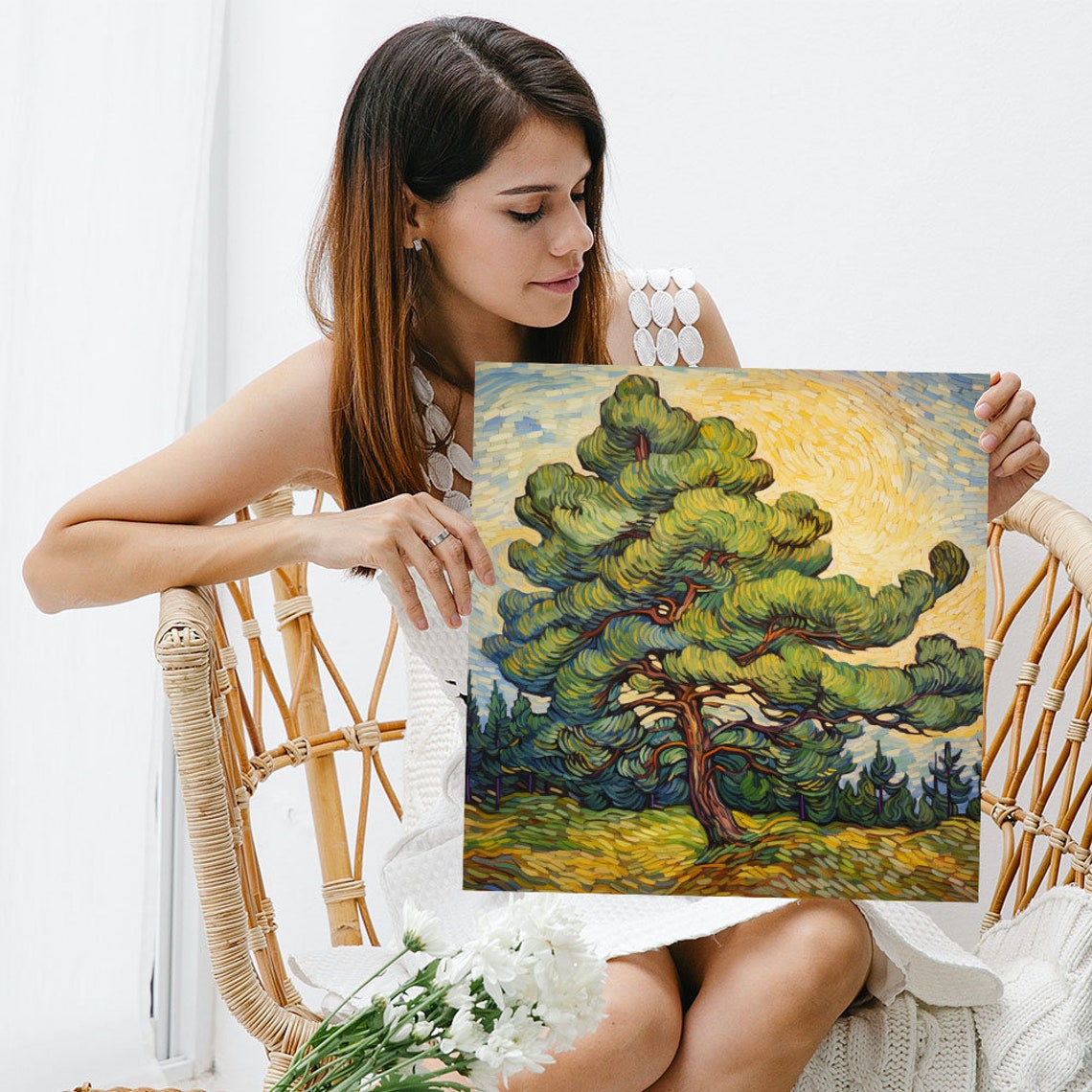 Windswept Pine Tree Golden Sky Swirling Brushwork Landscape Poster - Image 5