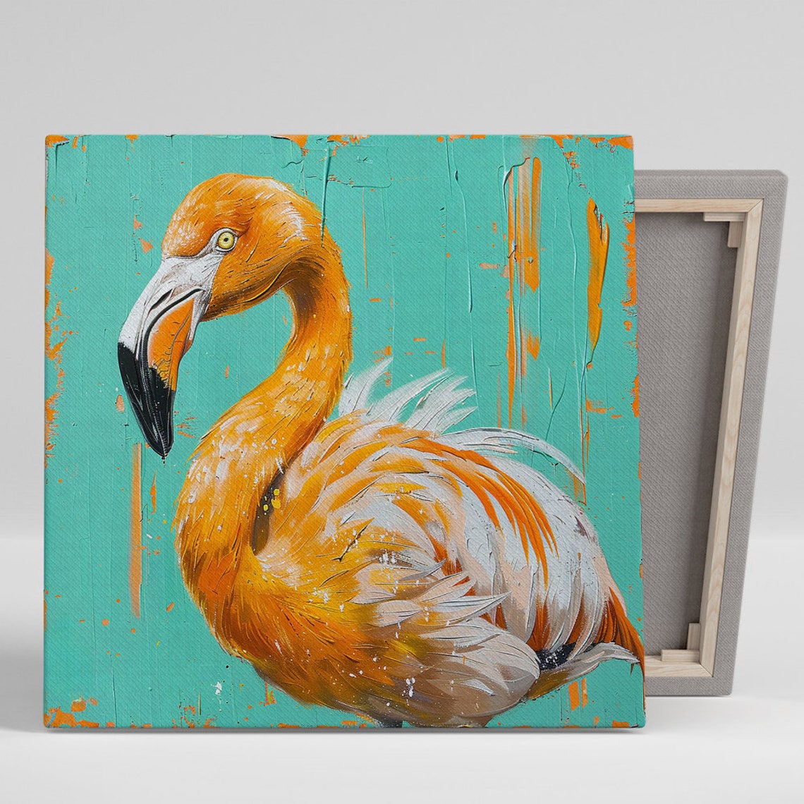 Orange Flamingo Turquoise Background Bold Painterly Animal Poster