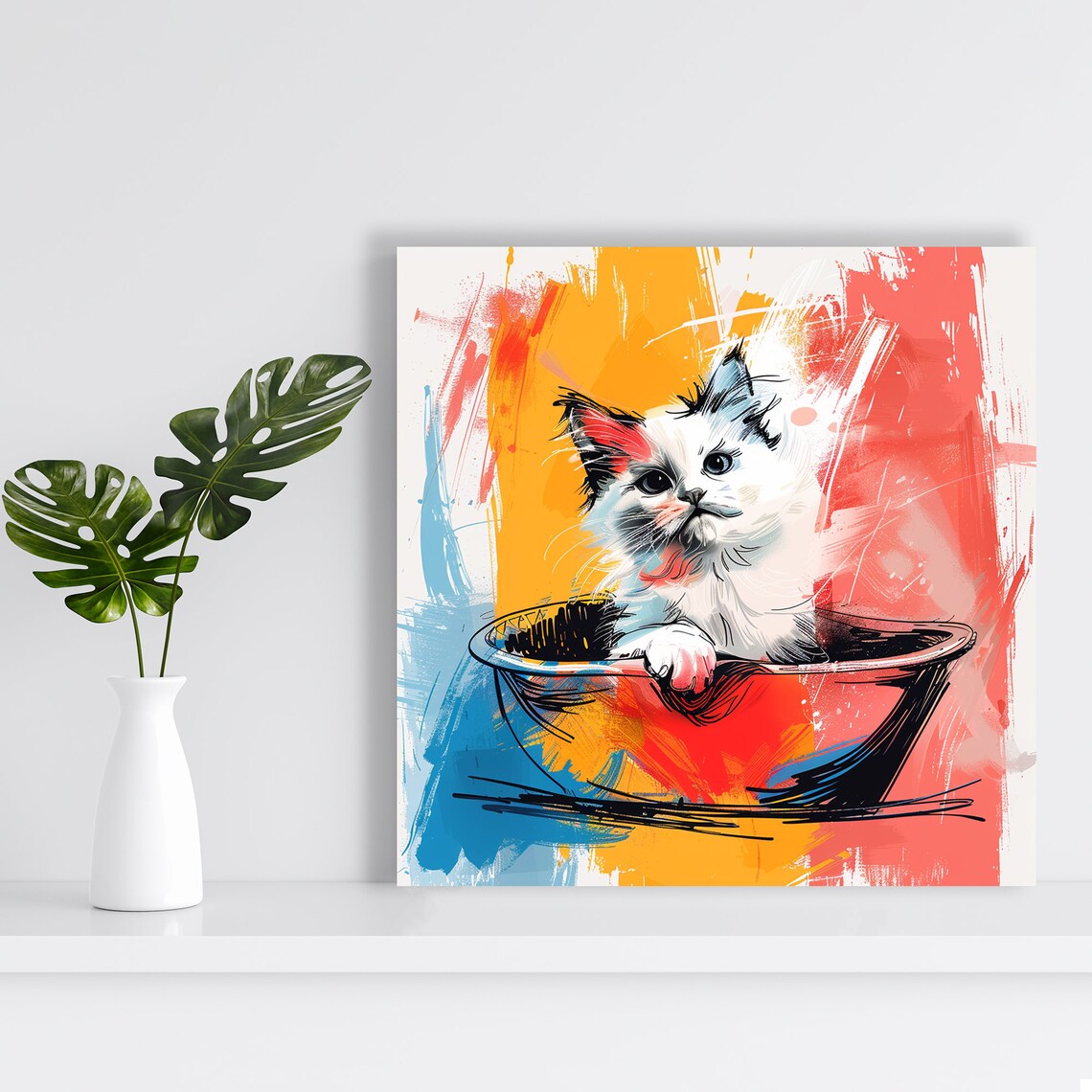 Colorful Kitten in a Bowl, Modern Minimalist Art Print - Image 2